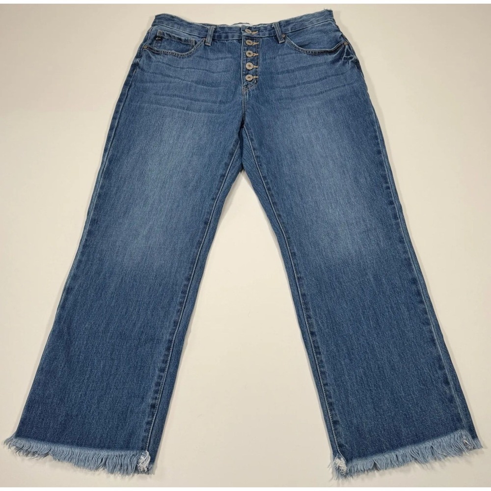 KanCan High Rise Wide Leg Crop Jeans Womens 11/29 31x25.5 Blue Raw Hem Button